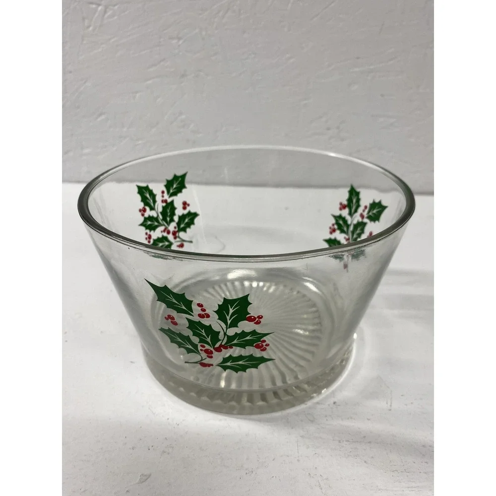 Vintage Retro Christmas Indiana Glass Holly & Berries Serving Bowl Snack Bowl‎